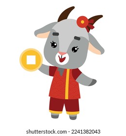 Chinese new year character goat and coin. Cartoon vector illustration for children