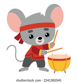 Chinese new year character mouse and drum Tanggu. Cartoon vector illustration for children