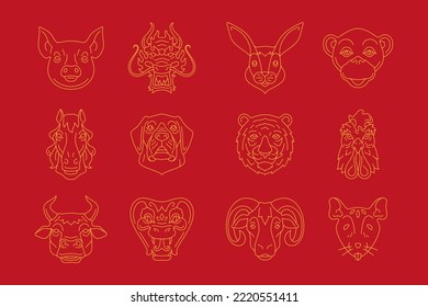 Chinese New Year characters head prosperity monochrome line icon set vector illustration. Asian horoscope animals muzzle horse dog dragon tiger rooster pig rabbit monkey bull snake goat rat logo