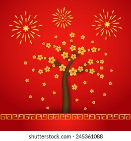 Chinese new year with cherry blossom tree and fireworks on red background. vector.