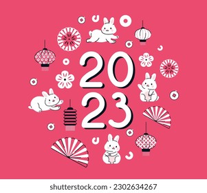 Chinese New Year circle 2023. Rabbits and fans with numbers 2023. Chinese and Asian traditional holiday and festival. Lunar New Year. Greeting postcard design. Cartoon flat vector illustration