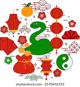 Chinese new year circle round composition with green snake. Vector CNY decorations. lantern festival, CNY
