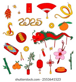 Chinese New Year Clipart. Year of the snake. Lunar New Year icon symbol. Red envelope, dragon, plum blossom, firecrackers, dumplings, tangerines, hand fan, bamboo. Print, web, stickers, greeting cards