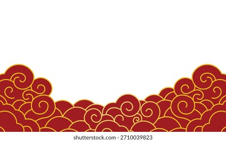 Chinese new year cloud border in traditional red and gold, festive swirling cloud pattern, Asian decorative frame for celebration poster, greeting card, packaging, branding, vector illustration