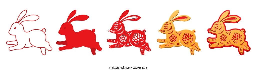 Chinese New Year CNY running rabbit line or paper cuts, silhouettes with floral ornaments and botany decor, horoscope animal set. Lotus and flower blossom and bunny. Vector in flat style illustration