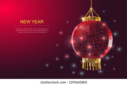 Chinese New Year Color vector illustration. Spring.
3D Polygonal wireframe Lantern with dots on RED background.
