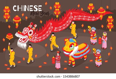 Chinese new year colored background with people carrying big layout of red dragon isometric vector illustration  