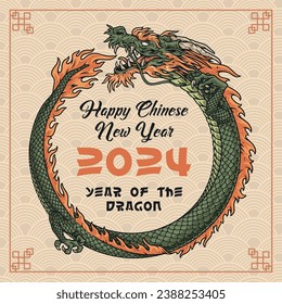 Chinese new year colorful sticker with dragon in form of ring and congratulations near numbers 2024 vector illustration
