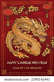 Chinese new year colorful sticker with golden dragon and congratulatory inscription near red lanterns in oriental style vector illustration