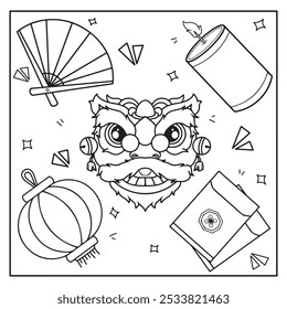 Chinese New Year. Coloring Page Outline Of Chinese Lion, Lanterns, Paper Lanterns, Lanterns.