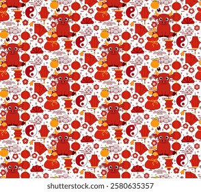 Chinese New Year colourful seamless pattern with oranges, money symbols, bull 2033 vector graphic line for poster, greeting card, red packet, packaging, wallpapers, wrapping paper
