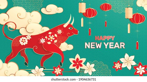 Chinese new year composition with editable text and asian style image of bull with flowers lanterns vector illustration