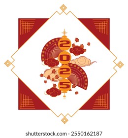 Chinesische Neujahrskomposition mit Laterne 2025, Wolken, Blumen, Ventilatoren, geometrischer Rahmen in Rot und Gold