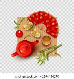 Chinese New Year composition. Teapot, tea cup, hand fan, candle and ingots. Top view vector illustration. Isolated objects on transparent background