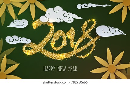 Chinese new year concept background. Calligraphic hand drawn number 2018 of golden confetti, cartoon flowers, clouds. Template for design greeting card, cover, poster, invitation. Vector illustration.