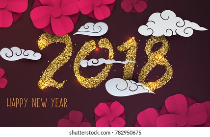 Chinese new year concept background. Calligraphic hand drawn number 2018 of golden confetti, cartoon flowers, clouds. Template for design greeting card, cover, poster, invitation. Vector illustration.