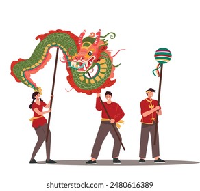 Chinese new year concept, Celebrate the Chinese new year with Asian children playing with a Chinese dancing lion and a drummer beating the drum, fireworks. Flat vector template style Suitable for Web.