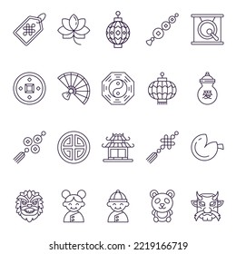 Chinesisches Neujahrskonzept. Sammlung von Vektorgrafik-Icons von Pagoda, Laterne, Lotus, Mädchen und Jungen, Gong und anderen Elementen. Perfekt für Webseiten, Geschäfte, Läden etc. 