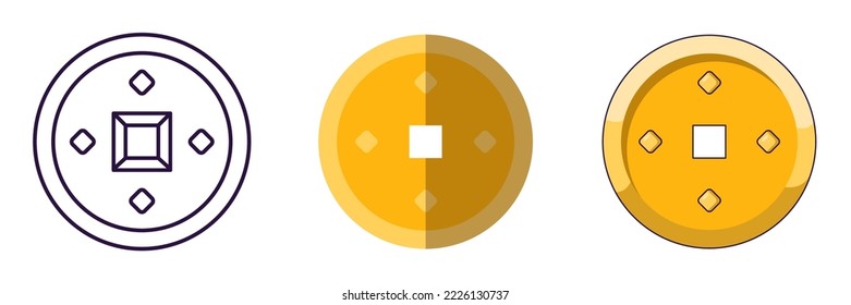 Chinese New Year concept. Collection of line, flat and cartoon illustrations of Chinese golden coin for stores, shops, web sites, design, apps 