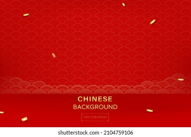 Chinesisches Neujahrskonzept, roter Raum mit Wellenmuster-Hintergrund