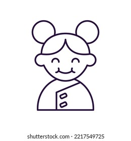 Chinese New Year concept. Vector line icon of Chinese girl in traditional garment. Editable stroke drawn with thin line. Sign and symbol perfect for internet stores, shops, books, web sites, apps