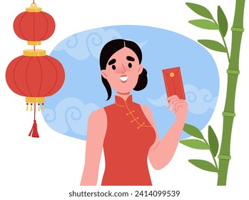 Chinese new year concept. Woman in traditional asian clothes near red street lamps and bamboo. Annual event, traditional holiday and festival. Cartoon flat vector illustration