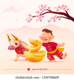 Chinese new year congratulation card, invitation, calendar design. Traditional decor elements cherry blossom, gold ingots, bull mascot, boy character in hanfu suit. Vector realistic flat illustration.