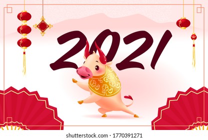 Chinese new year congratulation card, invitation, calendar design with oriental animal bull mascot character, mountains, 2021 numerals on light pink background. Vector realistic flat illustration.
