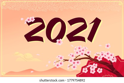 Chinese new year congratulation card, invitation, calendar design with 2021 letters, traditional decor elements cherry blossom tree branch, gold clouds, fan on yellow background. Vector illustration.