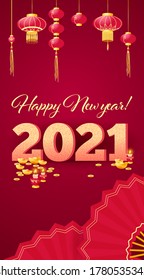 Chinese new year congratulation card, invitation, calendar design with big 3d 2021 letters, traditional paper lanterns, gols ingots, candles, hand fan, golden coins decor elements on red background.