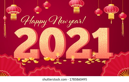 Chinese new year congratulation card, invitation, calendar design with big 3d 2021 letters, traditional paper lanterns, gols ingots, candles, hand fan, golden coins decor elements on red background.
