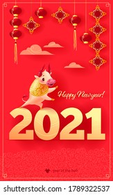 Chinese new year congratulation card, invitation, calendar design with 2021 gold letters, paper lanterns and oriental animal bull mascot character on red backdrop. Vector realistic flat illustration.