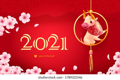 Chinese new year congratulation card, invitation, calendar design with traditional floral decor elements & oriental animal bull mascot character on red background. Vector realistic flat illustration.