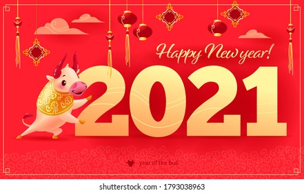 Chinese new year congratulation card, invitation, calendar design with 2021 gold letters, paper lanterns and oriental animal bull mascot character on red backdrop. Vector realistic flat illustration.
