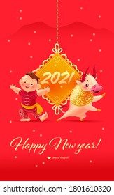 Chinese new year congratulation card, invitation, calendar design with traditional gold pendant, oriental bull mascot, boy character in hanfu suit on red mountains background. Vector illustration.