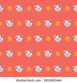 Chinese New Year, continuous seamless background of ox and coins, cartoon comic vector illustration
