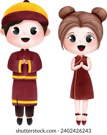 chinese new year couple cartoon watercolor