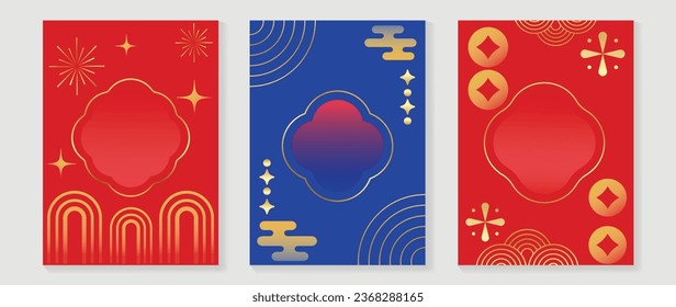 Chinese New Year cover background vector. Luxury background design with gold Chinese fireworks, wind and oriental decorative element for Asian Lunar New Year holiday cover, poster, ad and sale banner.