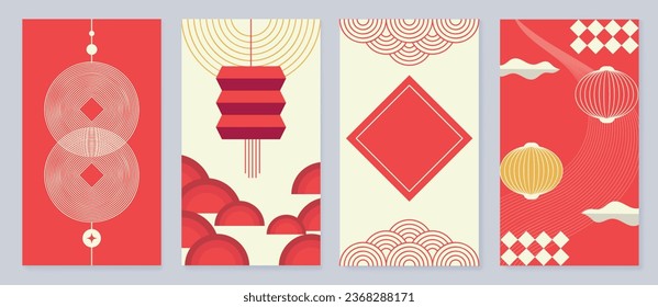 Chinese New Year cover background vector. Luxury background design with gold Chinese lantern and oriental decorative element for Asian Lunar New Year holiday cover, poster, ad and sale banner.