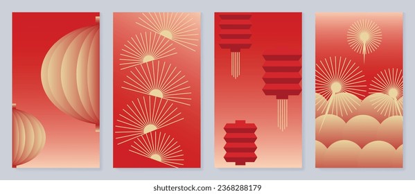 Chinese New Year cover background vector. Luxury background design with gold Chinese lantern and oriental decorative element for Asian Lunar New Year holiday cover, poster, ad and sale banner.