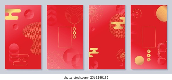 Chinese New Year cover background vector. Luxury background design with gold Chinese fireworks, wind and oriental decorative element for Asian Lunar New Year holiday cover, poster, ad and sale banner.