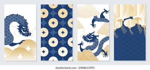 Chinese New Year cover background vector. Year of the dragon design with lanterns, pattern, dragon, Chinese coin, cloud, gold and blue color. Elegant oriental illustration for cover, banner, website.