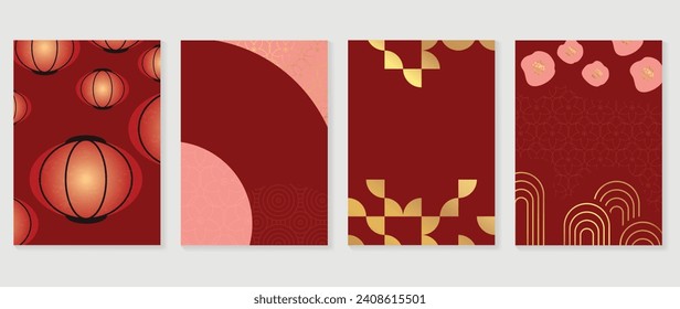 Chinese New Year cover background vector. Year of the dragon design with geometric shape, oriental pattern, lantern, flowers, gold texture. Elegant oriental illustration for cover, banner, website.
