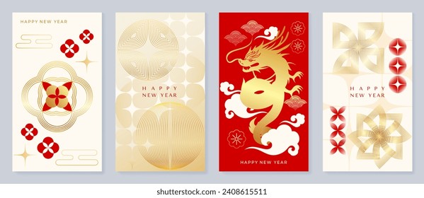 Chinese New Year cover background vector. Year of the dragon design with oriental pattern, lanterns, dragon, cloud, flowers, firework, gold. Elegant oriental illustration for cover, banner, website.