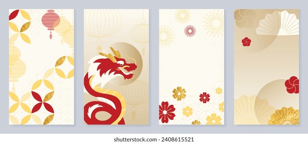 Vector de fondo de cobertura de Año Nuevo chino. Año del diseño del dragón con linternas, patrón, dragón, moneda, flores, fuegos artificiales, lámina de oro. Elegante ilustración oriental para portada, banner, sitio web.