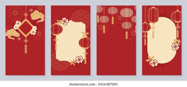 Chinese New Year cover background vector. Luxury background design with chinese pattern, lantern, cloud, firework, flower. Modern oriental illustration for cover, banner, website, social media.