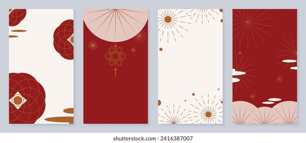 Chinese New Year cover background vector. Luxury background design with chinese hanging, firework, cloud, line. Modern oriental illustration for cover, banner, website, social media.