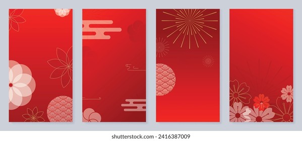 Chinese New Year cover background vector. Luxury background design with chinese pattern, flower, firework, line. Modern oriental illustration for cover, banner, website, social media.