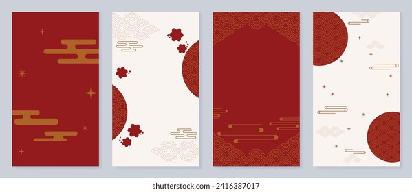 Chinese New Year cover background vector. Luxury background design with chinese pattern, cloud, flower, sparkle. Modern oriental illustration for cover, banner, website, social media.