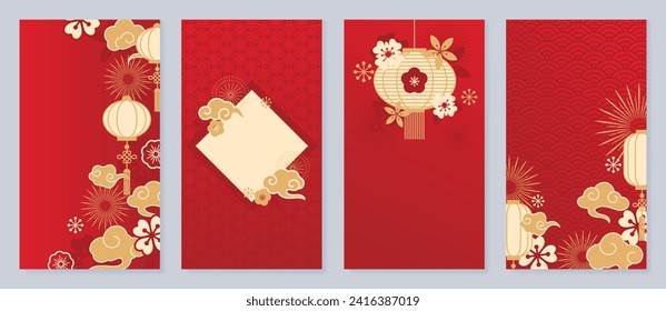 Chinese New Year cover background vector. Luxury background design with chinese pattern, lantern, cloud, firework, flower. Modern oriental illustration for cover, banner, website, social media.